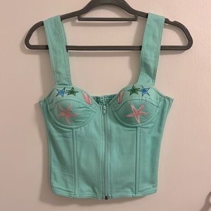 Embroidered teal vintage crop top